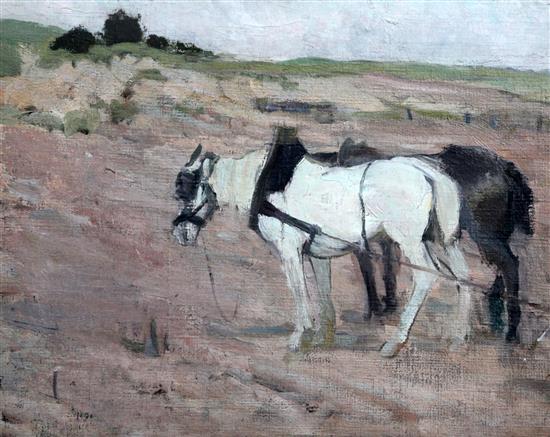 Continental School Cart horses on the beach, 14.5 x 18.5in., unframed